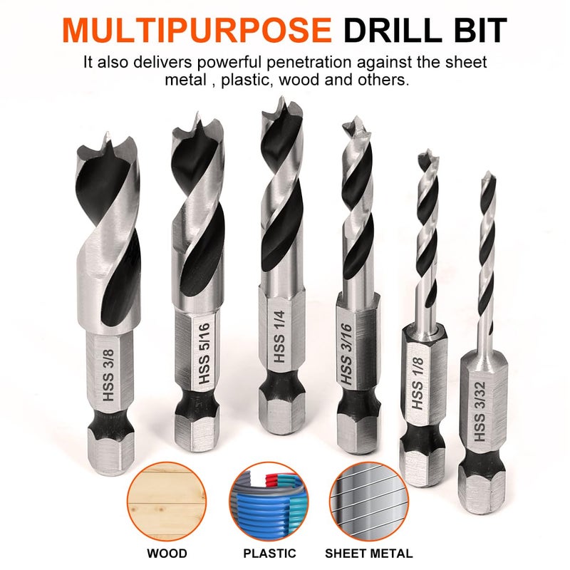 COMOWARE Brad Point Stubby Drill Bit Set for Wood, Short Length Drill Bit Set 6pcs HSS 4241 Steel with 1/4-Inch Quick Change Hex Shank - Image 5